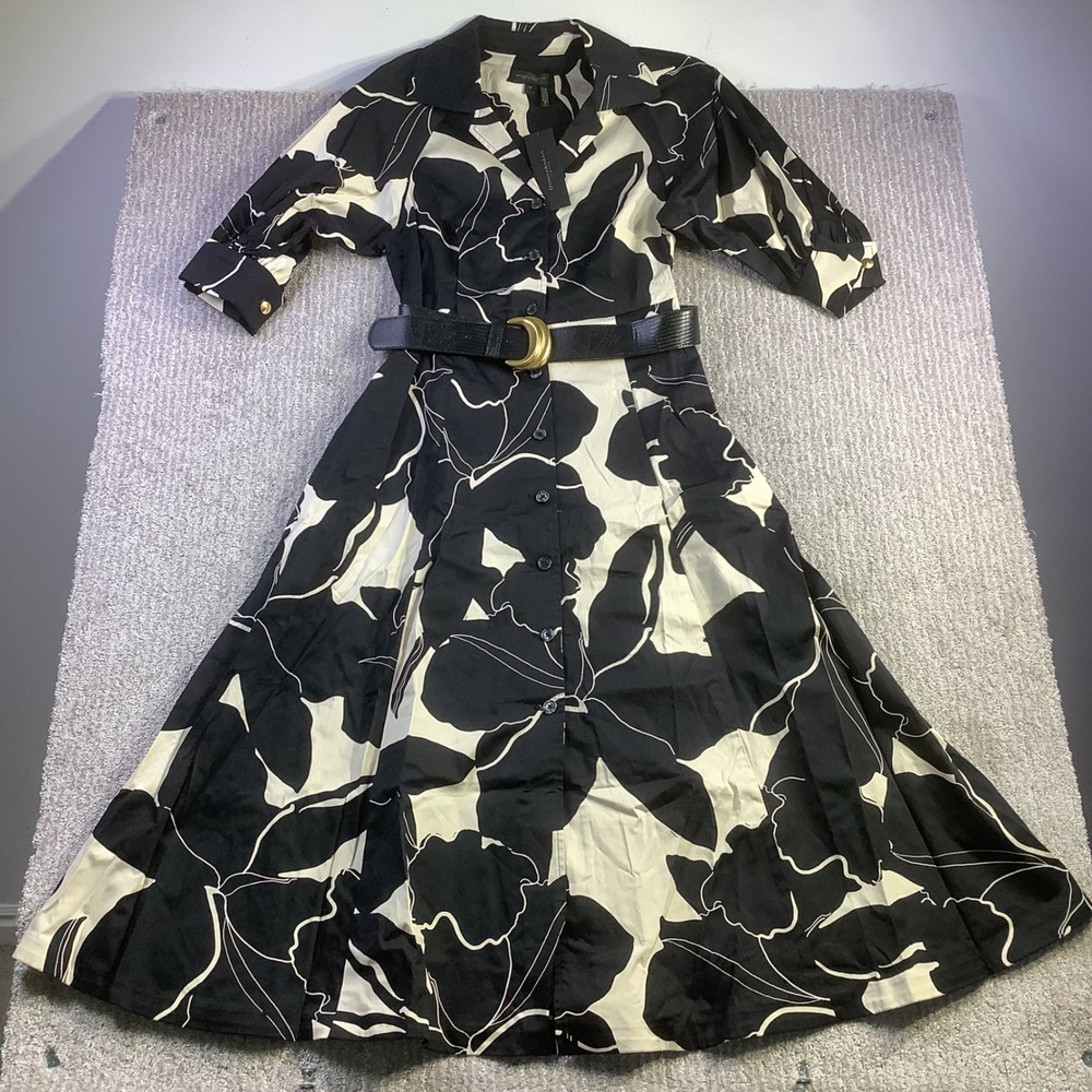 Donna Karan New York Floral Belted A Line Midi Dress Black Ivory Size 10 NWT